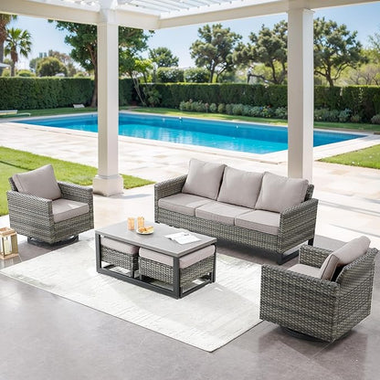 6 Piece Wicker Patio Furniture Set - Outdoor Swivel Rocker Chairs Set with Coffee Table, 3 Seat Sofa & Ottomans, Small Patio Conversation Sets Proch Furniture for Balcony Deck - Grey/Beige