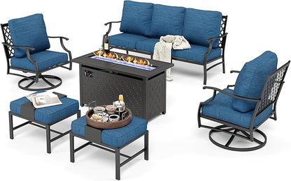 HERA'S HOUSE 6 Pieces Patio Furniture Set with Fire Pit Table, 2 x Swivel Chair, 2 x Ottoman, 3-Seat Sofa with 45" Fire Pit Table, Outdoor Conversation Set for Garden Poolside Backyard, Pacific Blue