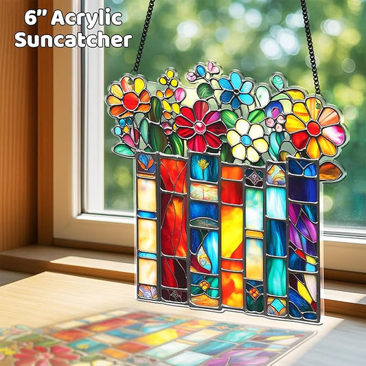 2 Book Floral Shelf Suncatchers Window Hanging Acrylic Ornaments Back to School Teacher Appreciation Gifts, Book Lover Gifts for Women Librarians Readers Bookshelf Decor for Home Library SS345