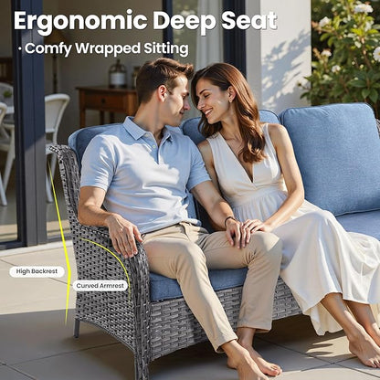ovios 5 Pieces Patio Furniture Set, Outdoor Wicker Sofa Couch with Swivel Chairs Solar Lights Table, High Back All Weather Modern Conversation Sets, Grey Rattan, Denim Blue