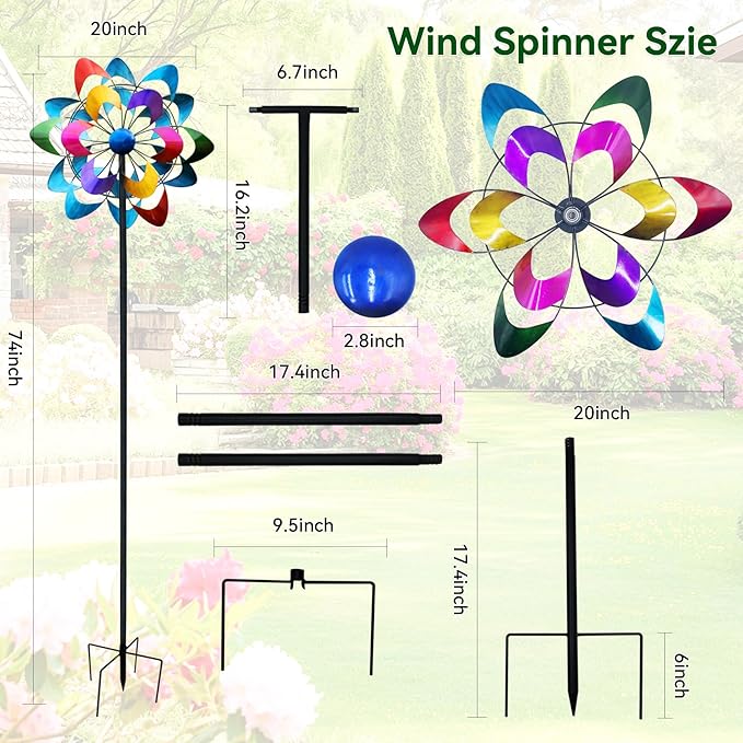 20" Dia Large Wind Spinners, Metal Kinetic Windmill Yard Art, Dual-Sided Colorful Wind Sculptures & Spinners for Outdoor Garden, Lawn Decor, Ideal Gift for Family Friend