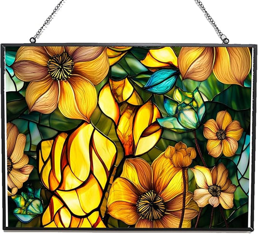Rectangle Sun Lotus Stained Glass Suncatcher Window Hangings, Suncatchers Colorful Glass Panel Sun Catchers Gifts, Decoration for Home Garden Christmas Party Wedding
