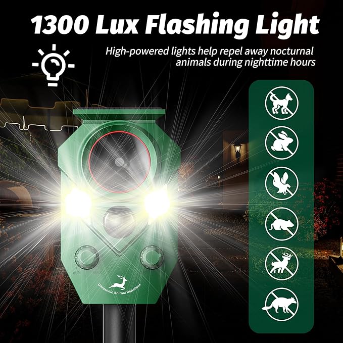 Solar-Powered Ultrasonic Animal Repellent with Motion Sensor, Waterproof Deer Repellent Device with LED Flashing Lights, Perfect for Outdoor Yards, Effective to Repel Deer, Coyotes, Raccoons, and Cats
