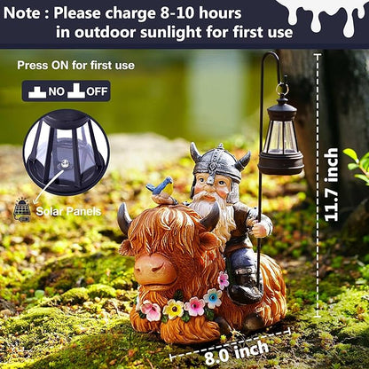 Garden Gnome Outdoor Statue 12 Inch Highland Cow Gnomes Decorations for Yard Patio Lawn Porch Birthday for Women, Mother’s Day, Housewarming with Solar Light Funny Decor for Outside