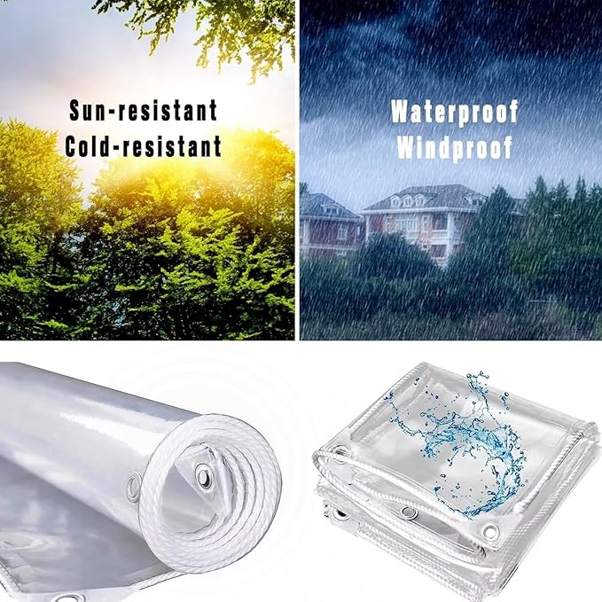 Clear Tarps with Grommets 14 Mil Clear PVC Tarp 400g/m² Thickened Tear Resistant, for Camping, Plants Greenhouse, Cars, Patio (10' X 12')