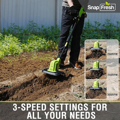 SnapFresh Cordless Tiller Cultivator, 20V Electric Garden Tiller with 4.0AH Battery and Fast Charger, 300 PRM Battery Powered Rototiller, 9" Width 6.6" Depth, 3 Speed Handheld Tiller with Steel Tines