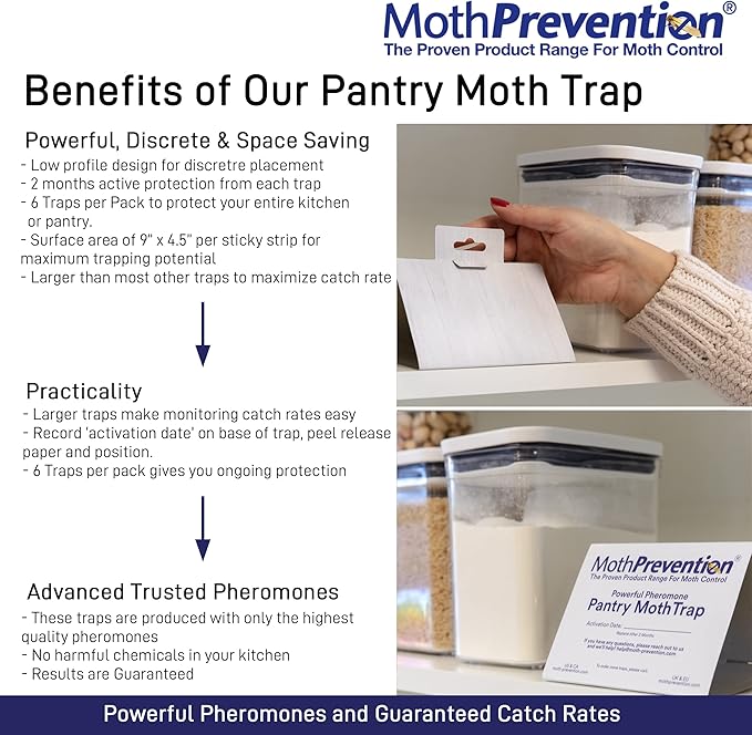 MothPrevention Powerful Pantry Moth Traps Pack of 6 | Moth Killer with Pheromones | Kitchen Moth Trap for Your Home | Maximum Pheromone Dispersal | No Odor
