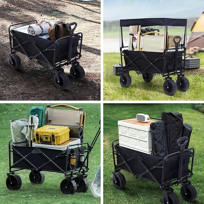 Nice C Heavy Duty Wagon, Collapsible Wagon with Canopy, Black, Steel, 4 Wheels, 33 x 22.4 x 7.6 inches