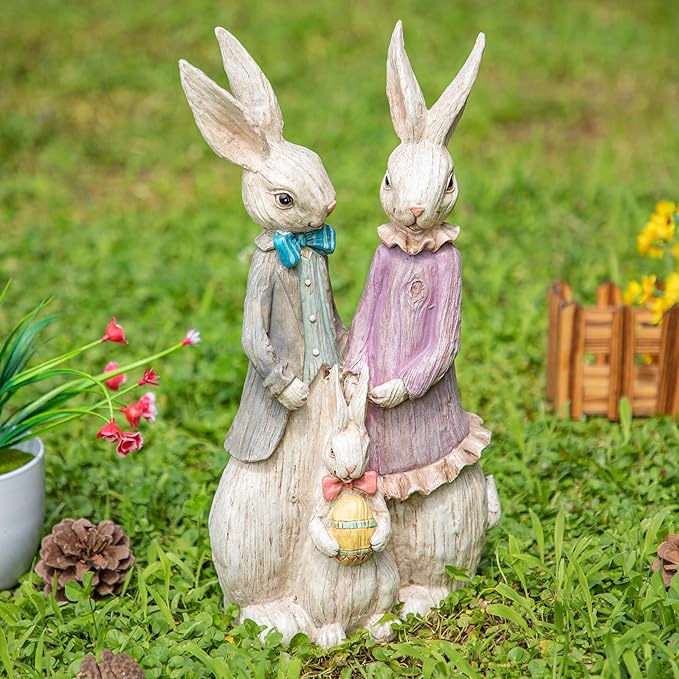 Topadorn Rabbit Family Statue Home Decor Resin Sculptured Hand Painted Figurine Creative Craft Cute Decoration Gift for Kids Womens Decorative Garden Yard Room