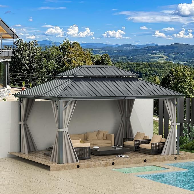 Domi 12'x16' Hardtop Gazebo Canopy,Outdoor Aluminum Gazebo with Galvanized Steel Double Roof,Permanent Gazebo with Drainage System,Curtain and Netting Included,Grey