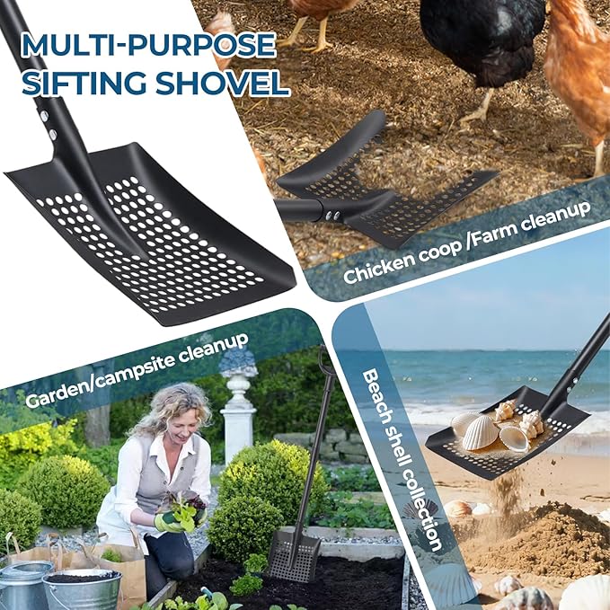 Beach Sifter Sand Scoop for Treasure Hunting, 47" Adjustable Metal Sand Sifter Shovel with Comfort Grip for Kids & Adults, High Sides for Shells & Relics