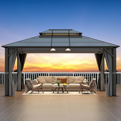 Hardtop Gazebo 12' x 16', Patio Gazebos with Polycarbonate Roof & Steel Frame, Outdoor Pavilion with Gray Curtain&Netting for Backyard/Lawn/Garden/Deck