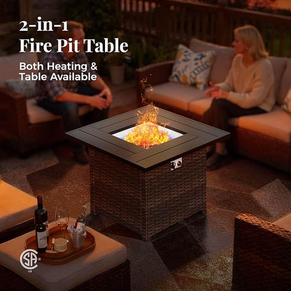 Patio Furniture Set, 6 Pcs Wicker Rattan Outdoor Conversation Set, 2 x Leg Chairs, 1 x 3 Seater Sofa and 2 x Ottoman with 4" Thick Cushion and 32" Fire Pit Table, Beige