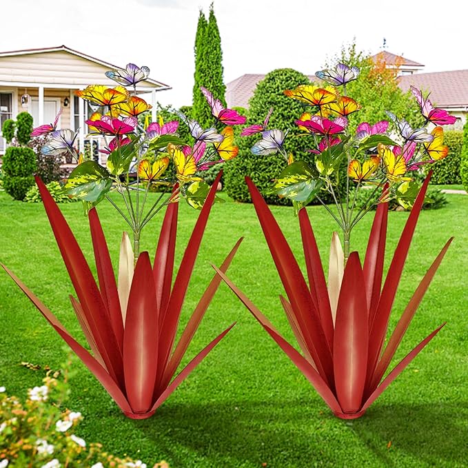 TOMBABY Garden Outdoor Butterfly Enlarge Thickened Wind Resistant Metal Agave Garden Art Metal Plant Country Sculpture Statue Decorations Ornaments Artificial Waterproof Butterflies(red 3pcs)