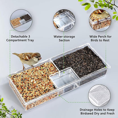 Window Bird Feeder for Outdoors with Strong Suction Cups, Acrylic Clear Window Bird Feeders for Viewing with Large Capacity Detachable Seed & Water Tray