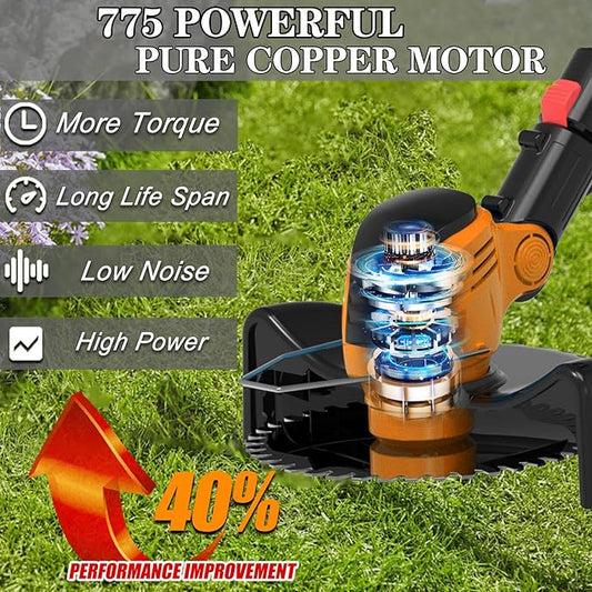 Electric Weed Wacker, Cordless Eater Battery Powered Eater Lightweight Edger Portable Stringless Grass Trimmer/Lawn Mower/Brush Cutter, with 3 Types Blades & Wheels for Yard and Garden
