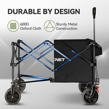 TECKNET Collapsible Foldable Wagon Cart, 150kg/330Lbs Weight Heavy Duty Folding Wagon with All-Terrain Big Wheels, Utility Wagon with Side Pocket for Grocery, Shopping, Sports, Garden, Camping