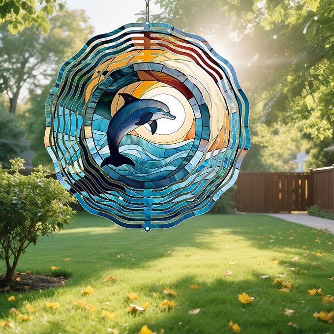 Metal 3D Wind Spinners Outdoor Dolphin Decorations Hanging, Festive Gifts for Women Mom Grandma, 25cm/ 9.84in 3D Wind Spinners for Garden Decor for Patio,Yard,Outdoor