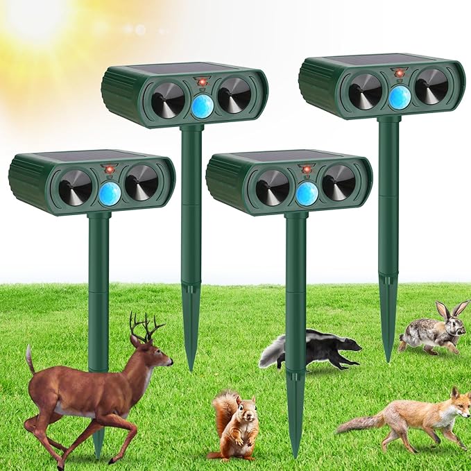 4 Pack Solar Ultrasonic Animal Repellent Outdoor Deer Repellent Cat Repellent Animal Raccoon Deterren Motion Detection Scare Squirrel, Rabbit Waterproof for Yard Farm Garden