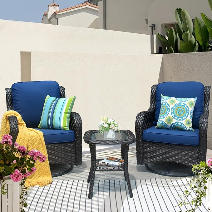 HOOOWOOO Patio Furniture Set,3 Piece Outdoor Furniture with Swivel Chairs,Wicker Patio Bistro Chairs Set,Navy Blue