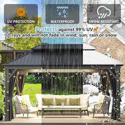 Aoxun 12Ft X 16Ft Hardtop Gazebo, Aluminum Metal Outdoor Gazebo with Breathable Netting and Curtains, Galvanized Steel Double Top, Permanent Patio Pavilion for Backyard, Wedding, Party