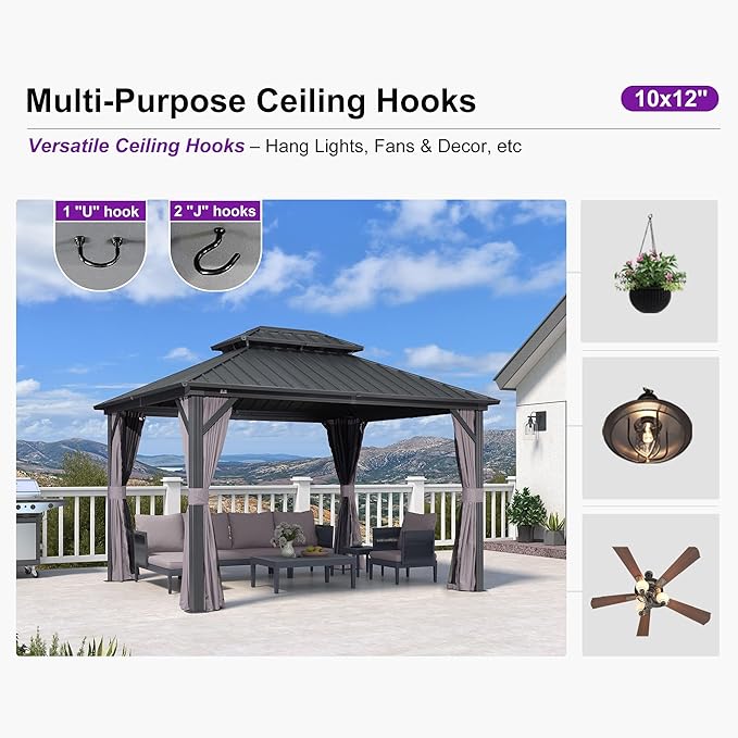 PURPLE LEAF 10' X 12' Gazebo Outdoor Aluminum Gazebo with Heavy Duty Galvanized Steel Double Roof for Patio Backyard Deck, Netting and Curtains Included, Grey