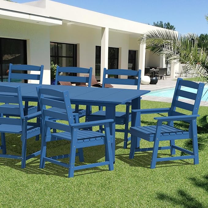 LOUNZY 7-Piece Outdoor Dining Set – 75.2" HDPE Table with 6 Chairs, Hole-Cut Design for Patio, Pool & Yard，Navy Blue