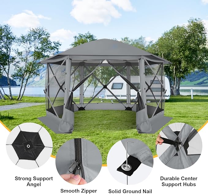 COBlZl Pop Up Gazebo 12x12 Screen House Tent for Camping, Outdoor Instant Stargazing Gazebo Canopy with Awning 2.0, Portable Hub Tent with Removable Sidewalls,Pavilion for Backyard,Gray