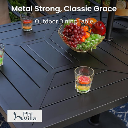 PHI VILLA 7 Piece Patio Dining Table Set for 6, 64" Metal Dining Table with Umbrella Hole & Cushioned Wicker Chairs for Outdoor, Yard, Porch, Deck