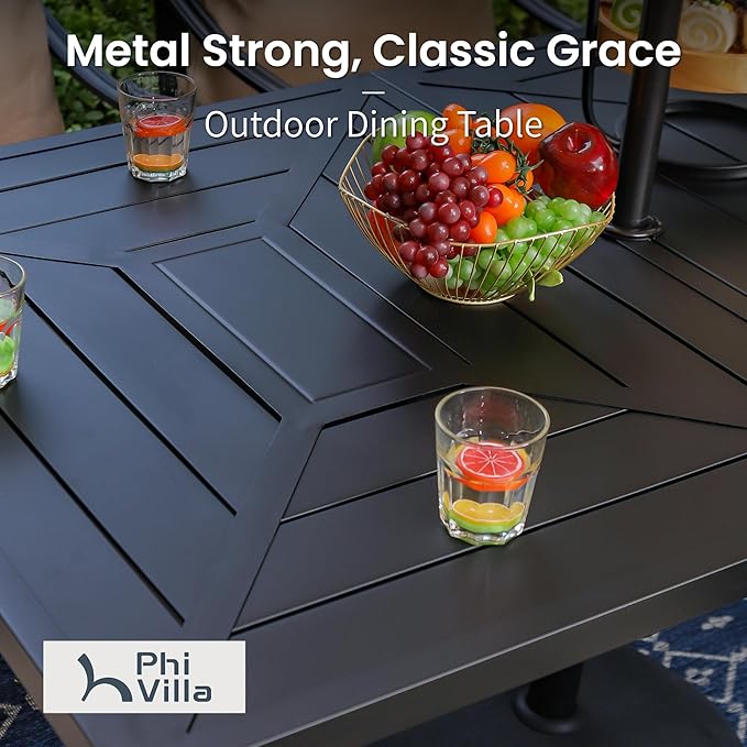 PHI VILLA 7 Piece Outdoor Dining Set for 6, 64" Metal Steel Dining Table with Umbrella Hole & Cushioned Rattan Chairs for Patio, Yard, Porch, Deck