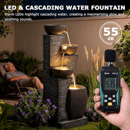 38.2" Tall Water Fountain Outdoor Garden,4 Tiers Modern Cascading Bowls and Stacked Stones Indoor Fountains with LED Lights for Garden, Patio, Deck, Porch, Backyard and Home Art Decor(Grey)