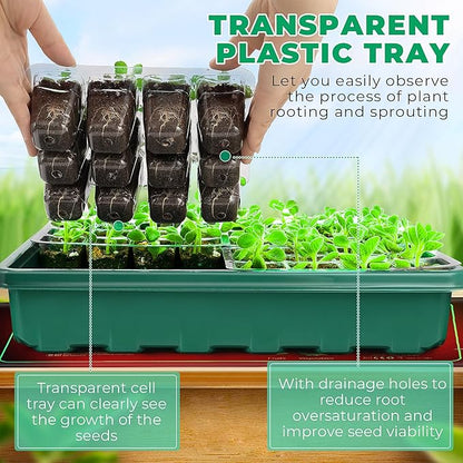 Seed Starter Tray, 96-Cell Seed Growing Tray with Grow Lights, Heat Mat, Indoor Gardening Plant Germination Trays (Green, 5 x 14.5 x 11 inches)