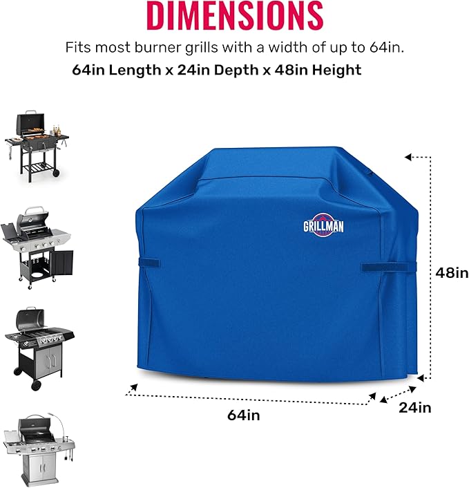 Grill Cover by Grillman, Blue, 64 Inch, BBQ Outdoor Grill Covers, Charcoal & Gas Grills, Waterproof, Rip-Proof, Weather-Resistant, Anti-UV, Barbecue Cover for Weber, Genesis, Charbroil, Nexgrill, etc