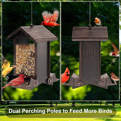 Squirrel Proof Bird Feeder for Outdoor Hanging,Metal Bird Seed Feeder with Bilateral Weight Activated Perches,5LB Large Capacity Wild Bird Feeders for Outside,Easy Refill and Clean,Brown