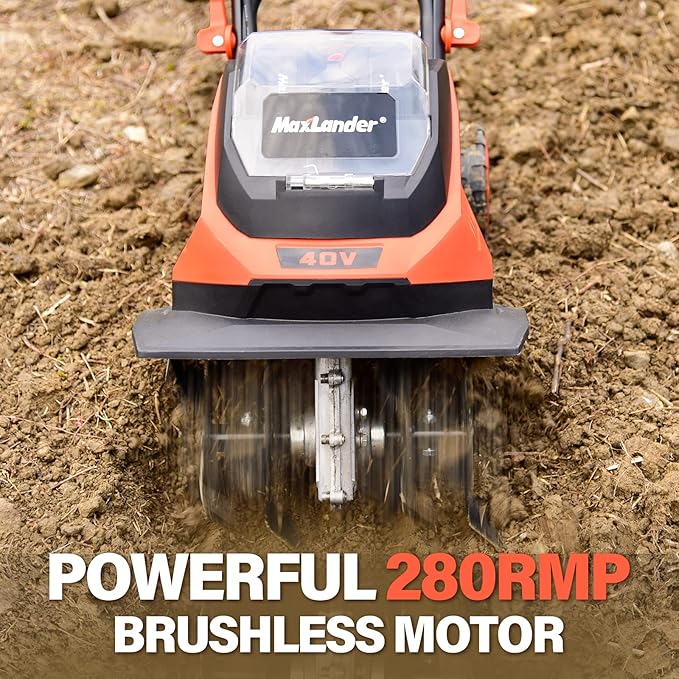 MAXLANDER Cordless Tiller Cultivator, 40V 12-Inch Brushless Battery Powered Garden Tiller with 4 Steel Tines, Powerful 280 RMP Rototiller, 2x4.0Ah Battery and Charger Included