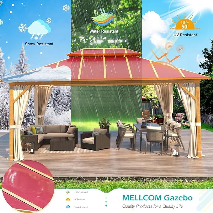 MELLCOM 12' x 16' Hardtop Gazebo, Wooden Finish Coated Aluminum Frame Outdoor Gazebos with Aluminum Double Roof, Claret Metal Gazebo with Curtains and Nettings for Patios, Gardens, Lawns