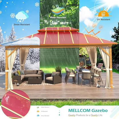 MELLCOM 12' x 16' Hardtop Gazebo, Wooden Finish Coated Aluminum Frame Outdoor Gazebos with Aluminum Double Roof, Claret Metal Gazebo with Curtains and Nettings for Patios, Gardens, Lawns