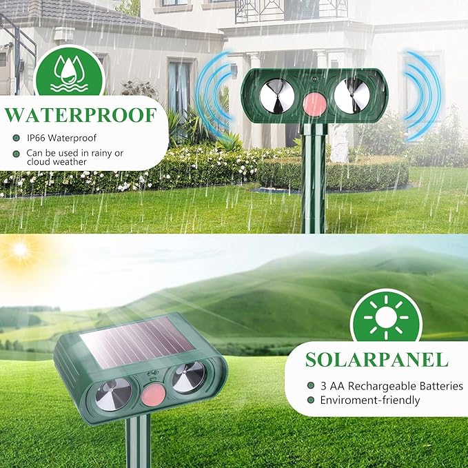 4 Pack Solar Ultrasonic Animal Repellent Outdoor Deer Repellent Cat Repellent Animal Raccoon Deterren Motion Detection Scare Squirrel, Rabbit Waterproof for Yard Farm Garden