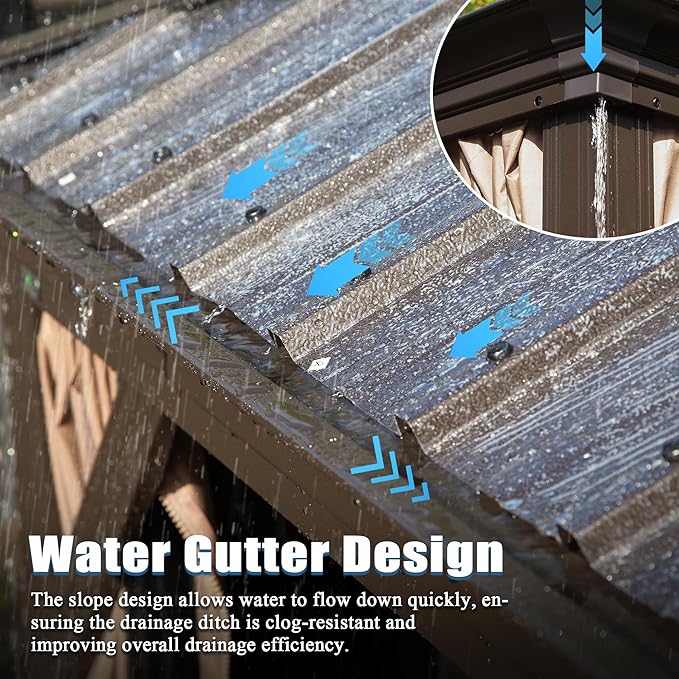 Domi 12x16FT Outdoor Gazebo, Hardtop Gazebo with Galvanized Steel Double Roof, Metal Gazebos with Drainage System Patio Pergola for Patio Deck Backyard,Curtain and Netting,Brown