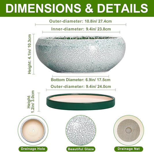 Succulent Planters 10 Inch - Ceramic Bonsai Pots with Drainage Hole and Saucer, Large Succulent Pots Indoor, Shallow Planter, Round Bowl Planter Outdoor, Patio Decor, Plant Lover Gift, Green