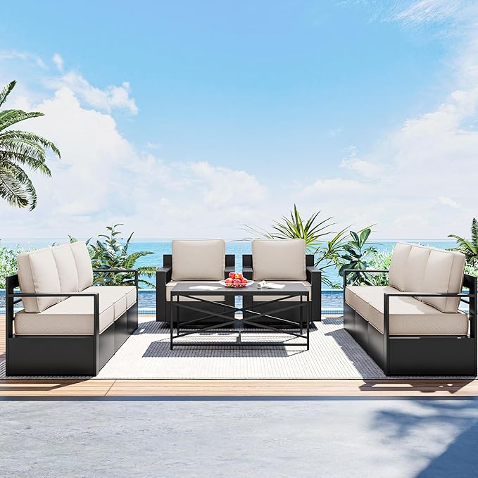 Outdoor Patio Furniture Set, 5-Piece Aluminum Patio Conversation Set All-Weather Metal Outdoor Sectional with 6 Inch Thick Cushions, Deep Setting for Garden, Outside and Porch