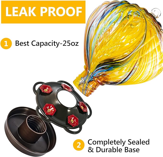 LUJII Seashell Shaped Hummingbird Feeder for Outside Hanging, Hand Blown Glass with Perches, Never Leak & Rustproof, Unique Gift for Women, Glass Art for Backyard Decor, 25 fl.oz, Ribbon