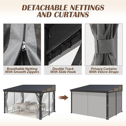 10' x 12' Hardtop Wall Mounted Gazebo, Lean to Gazebo with Galvanized Steel Roof Aluminum Frame Wall Gazebos Pergola with Netting&Curtains for Outdoor, Backyard, Patio
