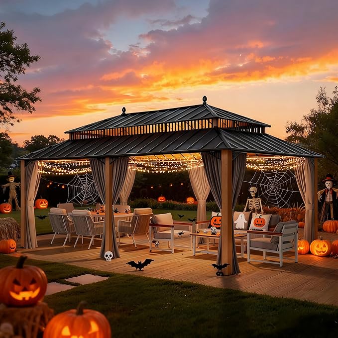 SUNJOY Kingston 20' x 12' Hardtop Gazebo with Galvanized Steel Double Roof, Curtain and Netting, Woodgrain Finish Aluminum Posts Permanent Pavilion Gazebo for Garden, Patio, Deck, Lawn