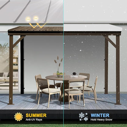 Domi 10’x10’ Lean-to Gazebo, Hardtop Wall-Mounted Gazebo Pergola with Sloping Galvanized Steel Roof and Upgraded Drainage System, Outdoor Permanent Metal Shelters for Patio Backyard Deck, Brown