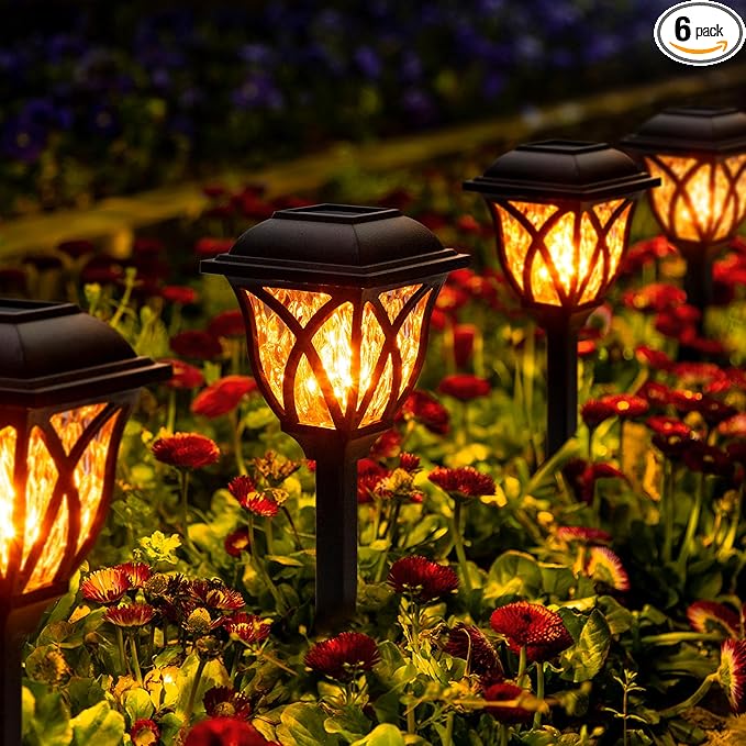 GIGALUMI Solar Lights Outdoor Waterproof, 6 Pack Flickering Flame LED Lights, Garden Decor for Yard, Patio, Landscape, Planter, Walkway, Transparent Cover