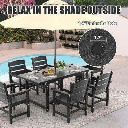 7-Piece HIPS Patio Dining Set, Outdoor Dining Table and Chairs Set with Umbrella Hole, Weatherproof Dining Table Set for 6 Person, Patio Furniture Set for Outside Deck, Black