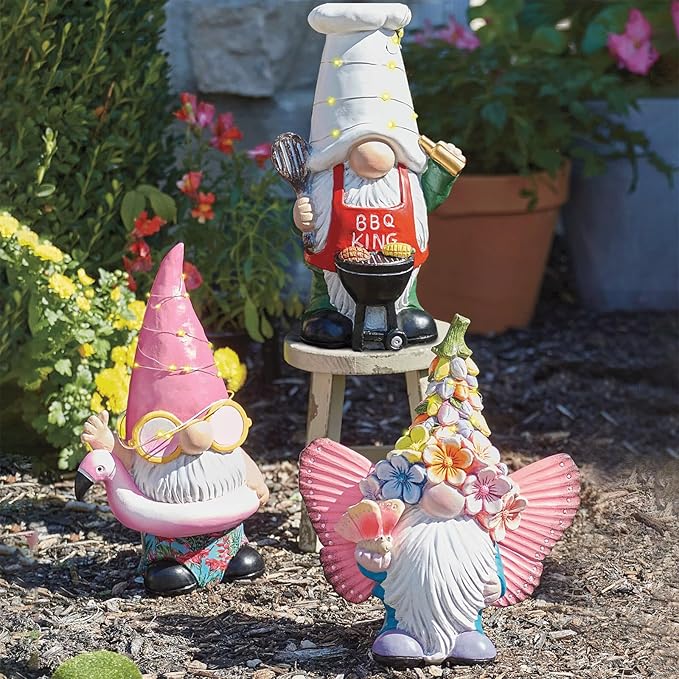 BAYN Garden Gnome Statues Outdoor Decor, Solar Powered Outdoor Gnome with Flamingo Swimming Decorative Yard Garden Lights Art Gifts with 11 Warm White LEDs