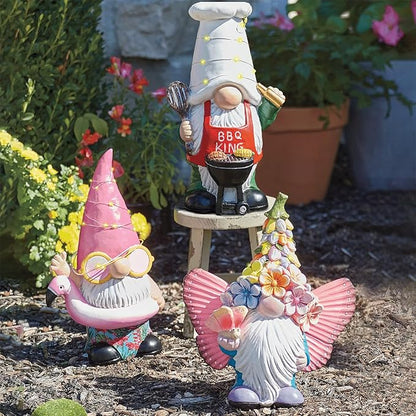 BAYN Garden Gnome Statues Outdoor Decor, Solar Powered Outdoor Gnome with Flamingo Swimming Decorative Yard Garden Lights Art Gifts with 11 Warm White LEDs