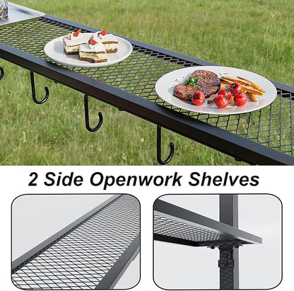 Gotland 8'x 5' Outdoor Grill Gazebo, BBQ Canopy Shelter with 2 Metal Openwork Shelving Units & 5 Tool Hooks, Curved Waterproof Top for Party, Backyard, Poolside Khaki